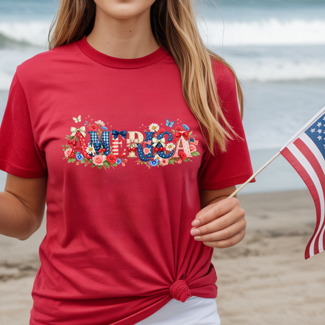 AMERICA with a Summer Floral Design T-Shirt | America’s Patriotic Tee