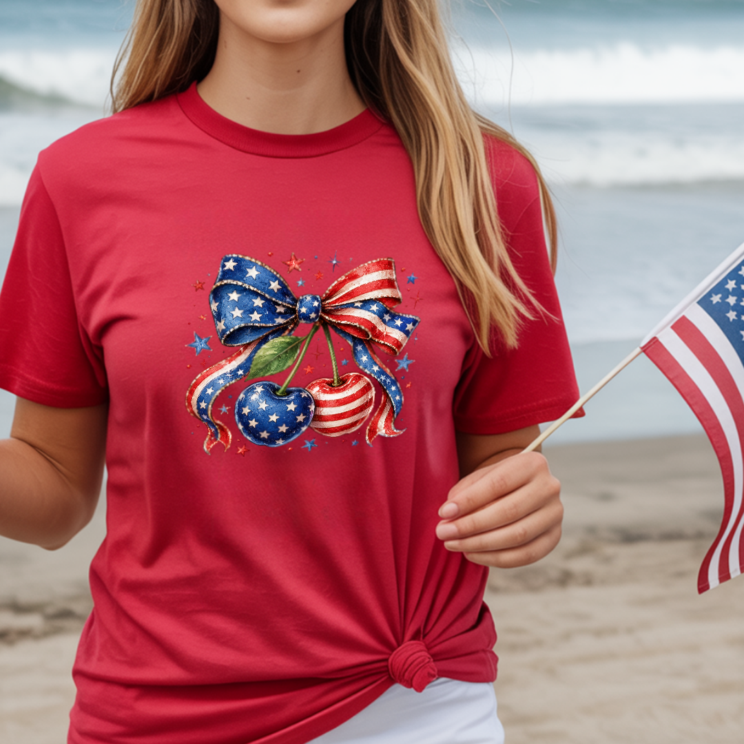 American Flag Bow and Cherries T-Shirt | Patriotic Cherry Bow Graphic Tee