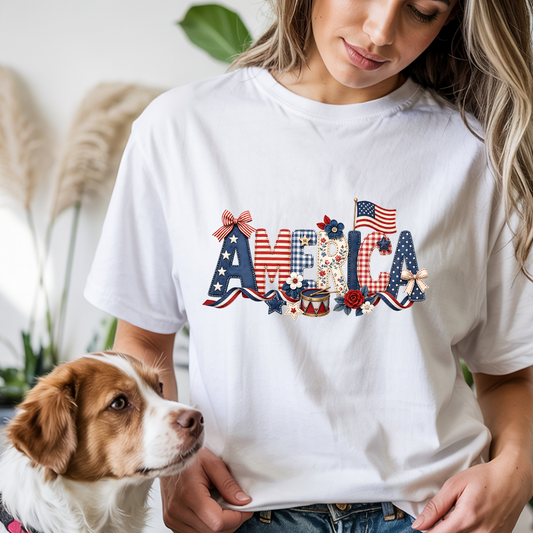 America Printed Applique Letters T-Shirt | Patriotic Graphic Tee