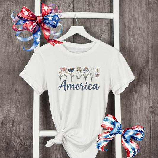 Flirty Floral America T-Shirt | Patriotic Graphic Tee