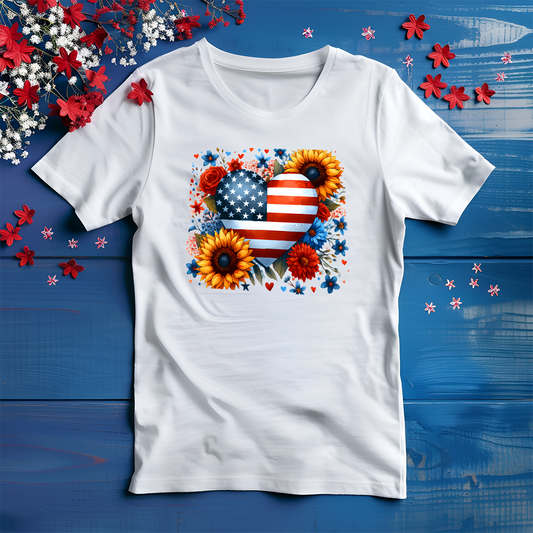 American Flag Heart with Sunflowers and Roses T-Shirt Design | Patriotic Sunflower Graphic Tee (Copy)